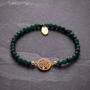 Stainless Steel Yellow IP-plated Tree Of Life 4mm Green Jade Stretch Bracelet